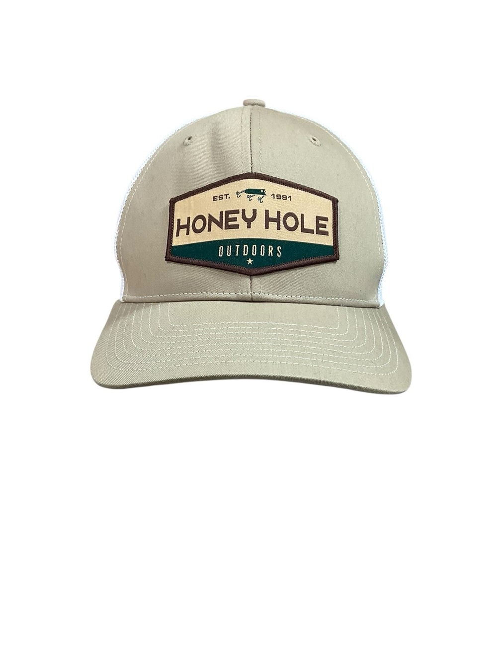 Honey Hole Outdoors Richardson 112 Trucker Hat Khaki White Mesh Snapback Patch